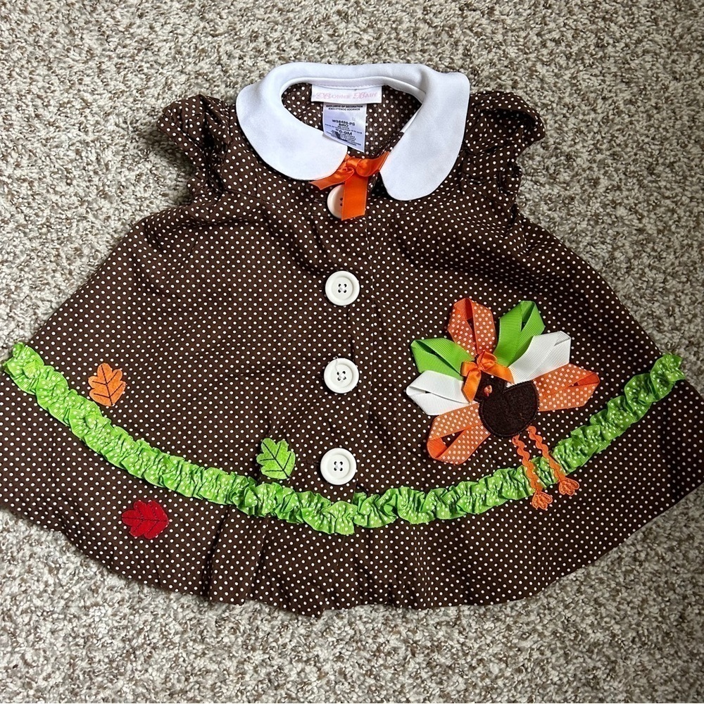 Bonnie Baby Brown Polka Dot Thanksgiving Turkey Dress 6-9M Holiday Festive Baby